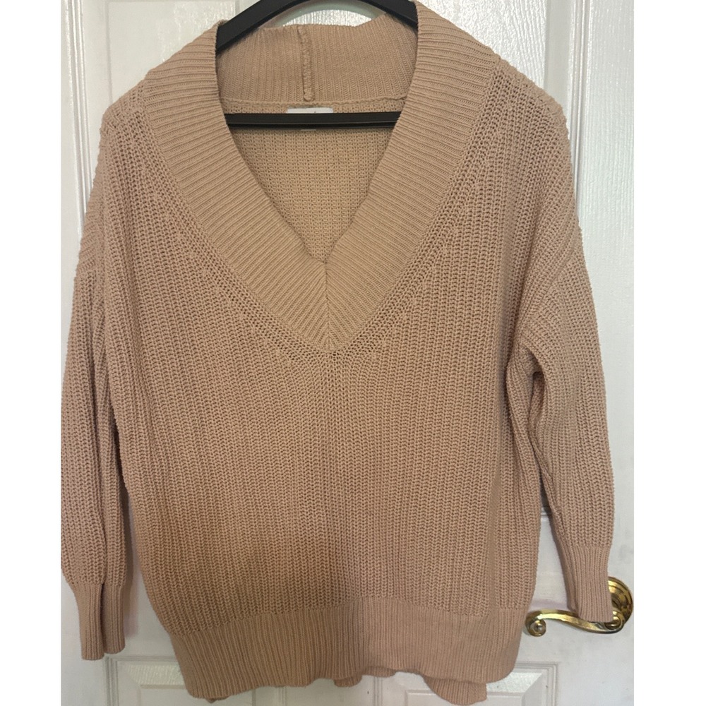 Aerie Womens Medium Cream Beige 100% Cotton Chunky Ribbed Knit Crewneck Sweater